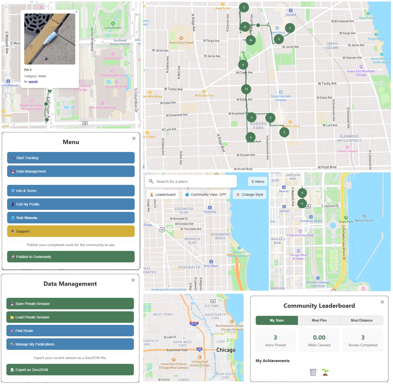 A photo collage of community cleanups showing collected trash and volunteers.